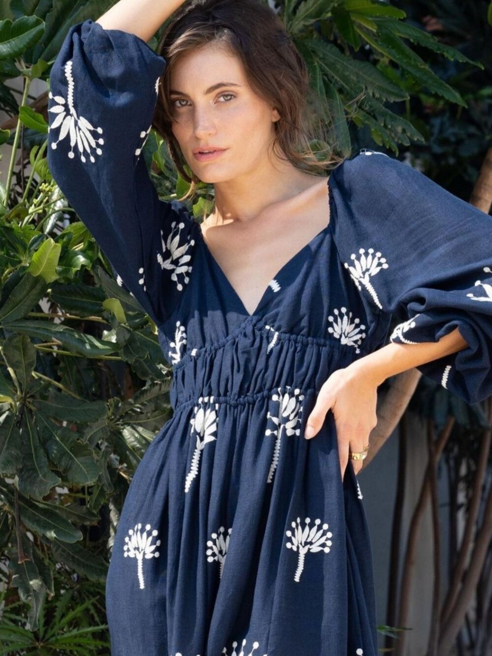 Ciebon Baby Doll Embroidered Maxi Dress Peasant Boho Leg Slit Coquette Sz L